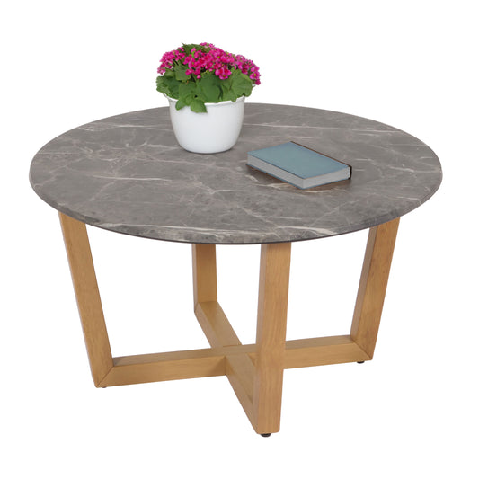 Salontafel MCW-M61, bijzettafel sofatafel, massief hout HDF laminaat melamine Ø80cm, marmer/steen look, licht gekleurd frame