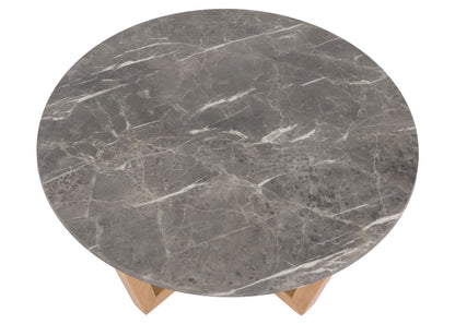 Salontafel MCW-M61, bijzettafel sofatafel, massief hout HDF laminaat melamine Ø80cm, marmer/steen look, licht gekleurd frame