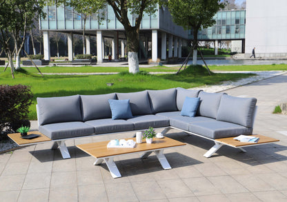 Aluminium tuinset MCW-M62, zitgroep tuin/loungeset bank, houtlook ~ frame wit, bekleding lichtgrijs