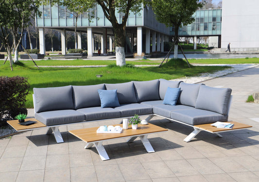 Aluminium tuinset MCW-M62, zitgroep tuin/loungeset bank, houtlook ~ frame wit, bekleding lichtgrijs