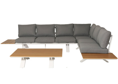 Aluminium tuinset MCW-M62, zitgroep tuin/loungeset bank, houtlook ~ frame wit, bekleding lichtgrijs