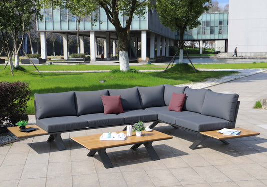Aluminium tuinset MCW-M62, zitgroep tuin/loungeset bank, houtlook ~ antraciet frame, donkergrijze bekleding