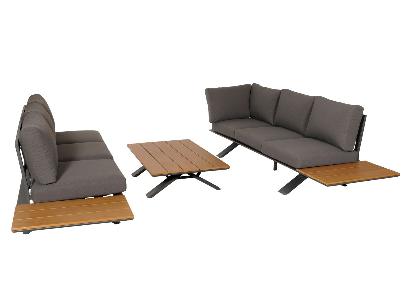 Aluminium tuinset MCW-M62, zitgroep tuin/loungeset bank, houtlook ~ antraciet frame, donkergrijze bekleding
