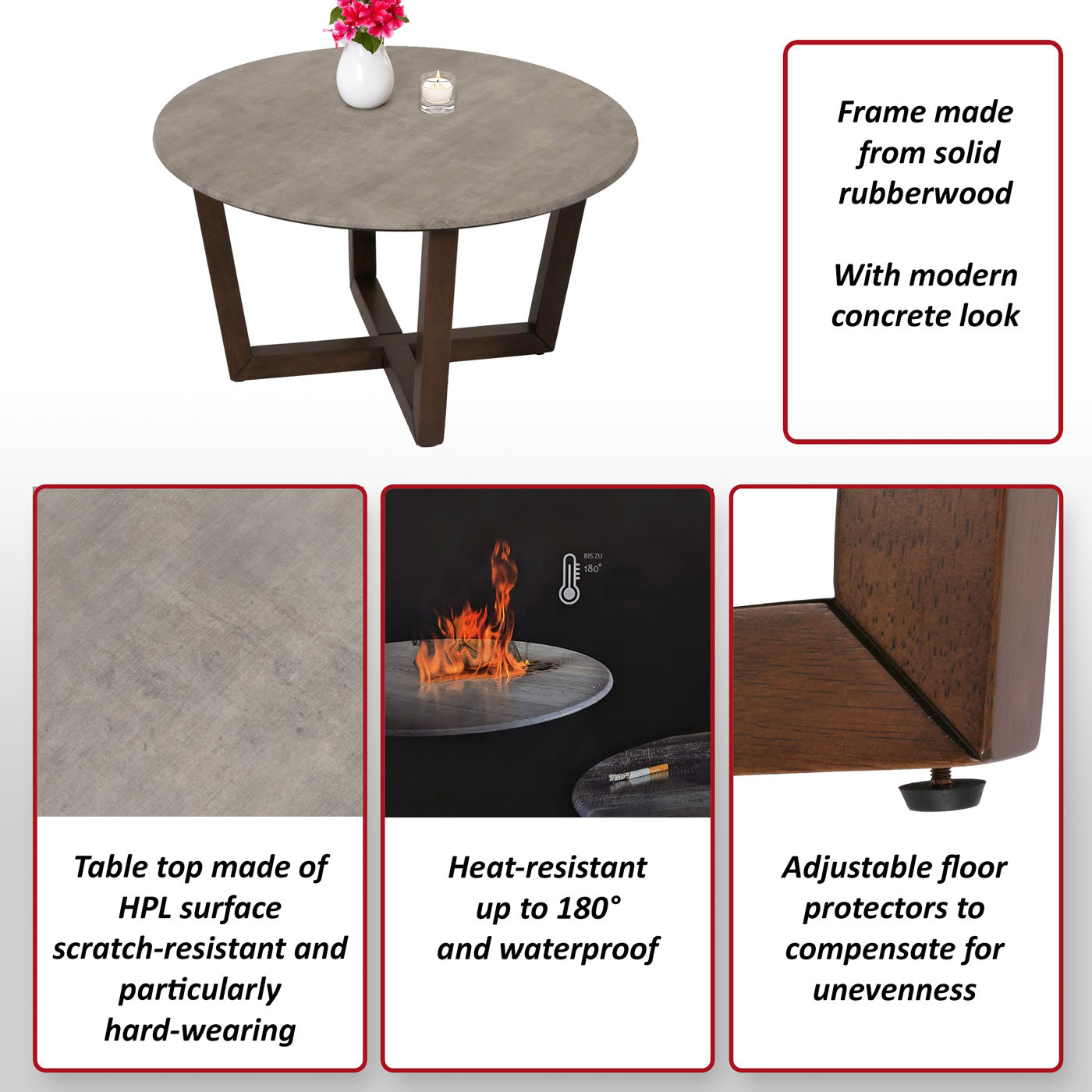 Salontafel MCW-M61, bijzettafel sofatafel, massief hout HPL laminaat melamine Ø80cm, betonlook, donker frame