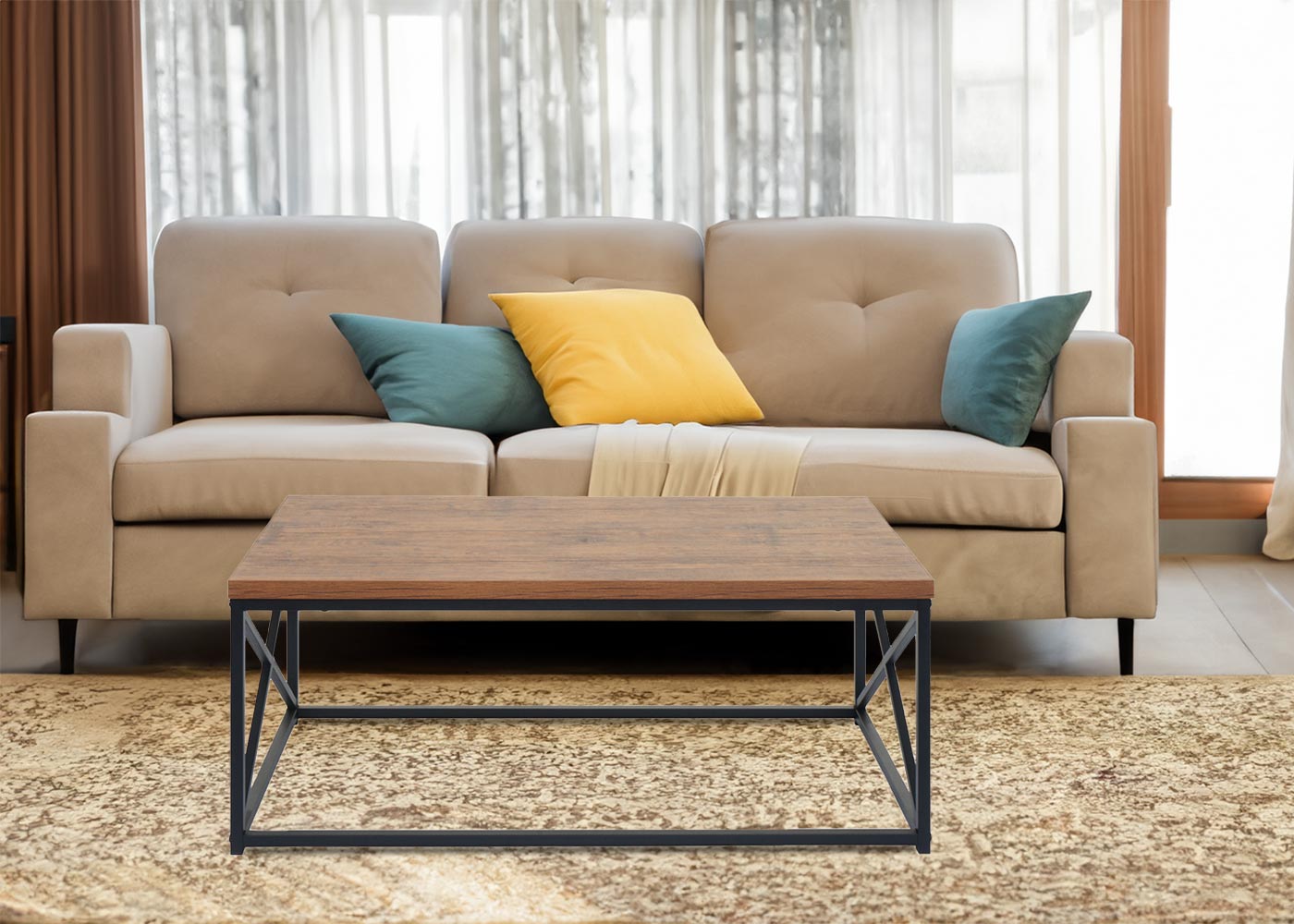 Salontafel MCW-A27, woonkamertafel bijzettafel sofatafel, metalen 3D structuur 44x110x60cm, wild eiken look