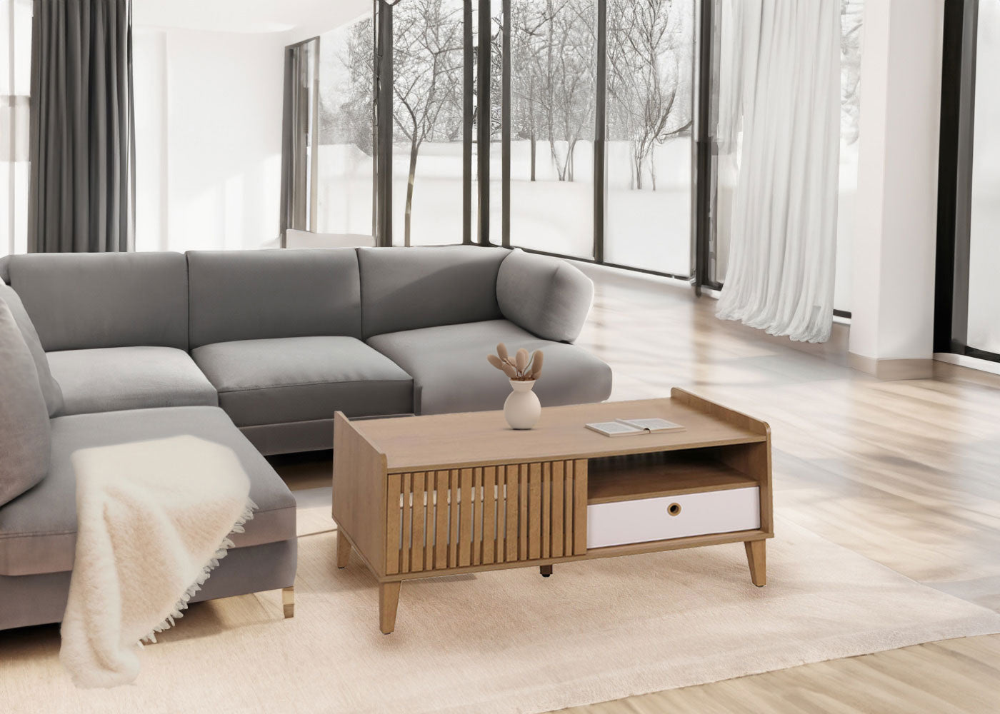 Salontafel MCW-M48, salontafel sofatafel, mango massief hout 52x114x59cm ~ beige, lade grijs