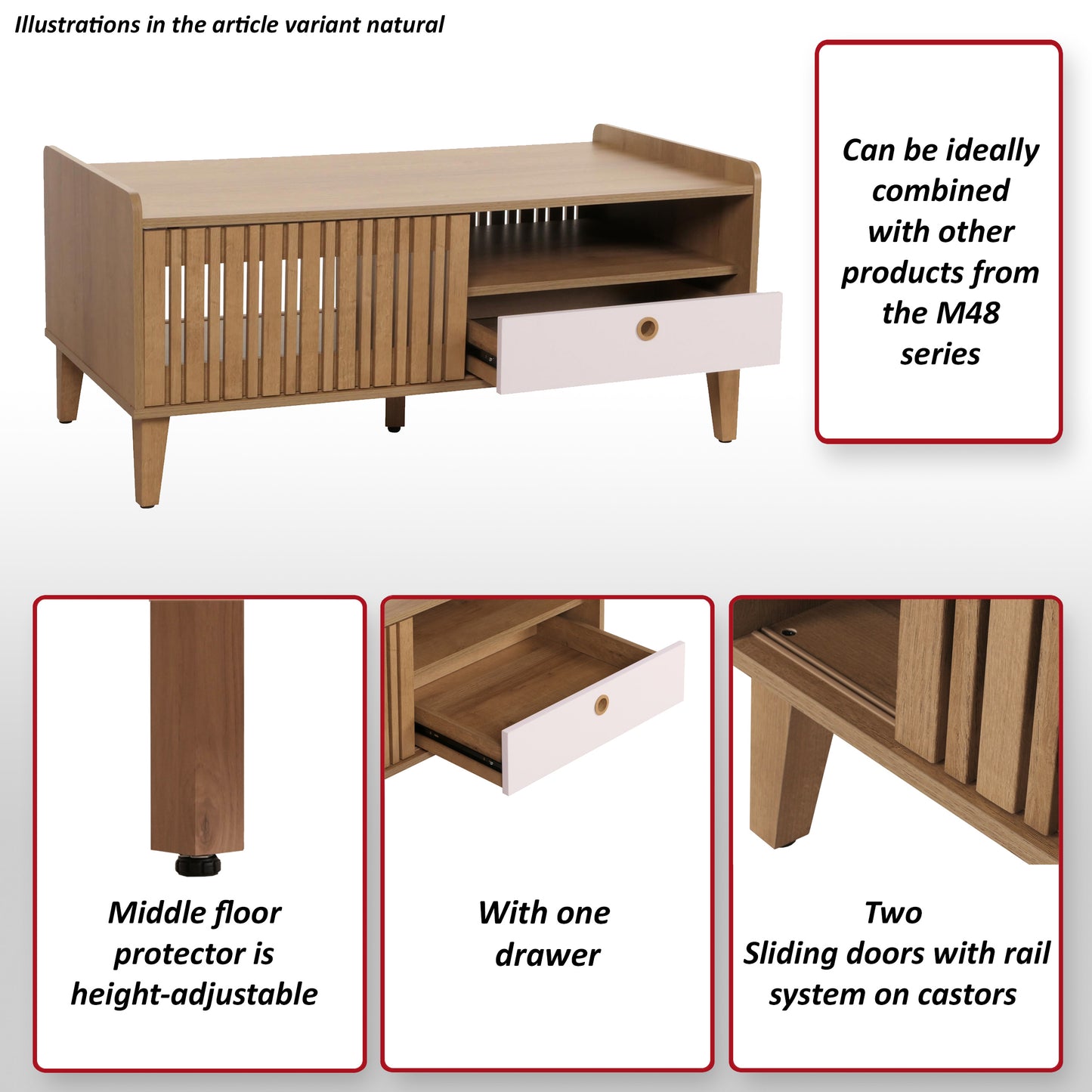 Salontafel MCW-M48, salontafel sofatafel, mango massief hout 52x114x59cm ~ beige, lade grijs
