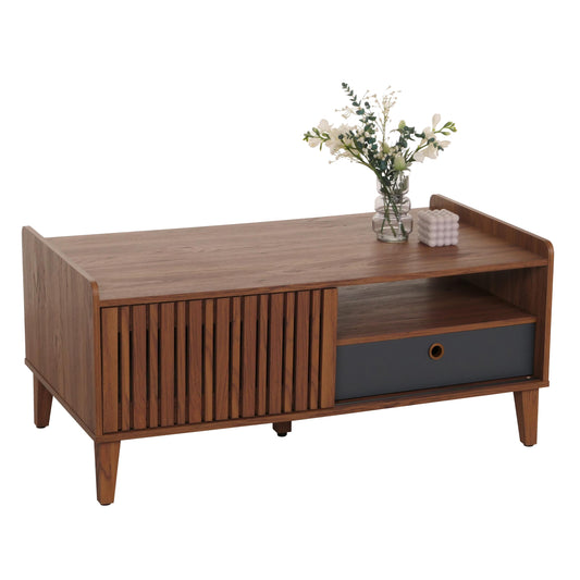 Salontafel MCW-M48, salontafel sofatafel, mango massief hout 52x114x59cm ~ walnoot look, donkergrijze lade
