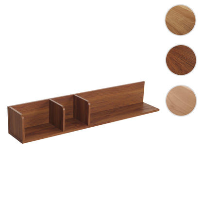 Wandplank MCW-M48, Hangplank Houten plank Zwevende plank, 3 vakken Massief mangohout 20x120x21cm ~ Walnoot look