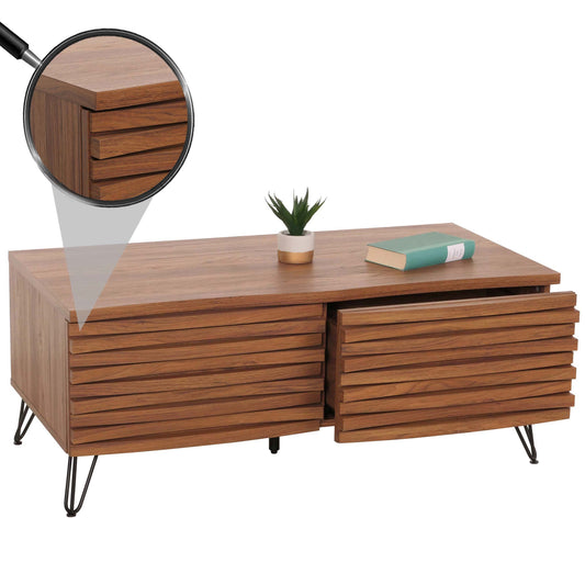 Salontafel MCW-M49, woonkamer tafel, 3D design 2 laden massief hout mango metaal 46x110x55cm ~ walnoot look
