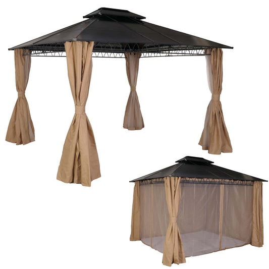 Hardtop pergola MCW-M81, paviljoen, aluminium dakstutten 7cm stalen frame met zijwand en muggengaas 3,6x3m ~ crème