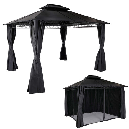 Hardtop pergola MCW-M81, paviljoen, aluminium dakstutten 7cm stalen frame met zijwand en muggengaas 3,6x3m ~ grijs
