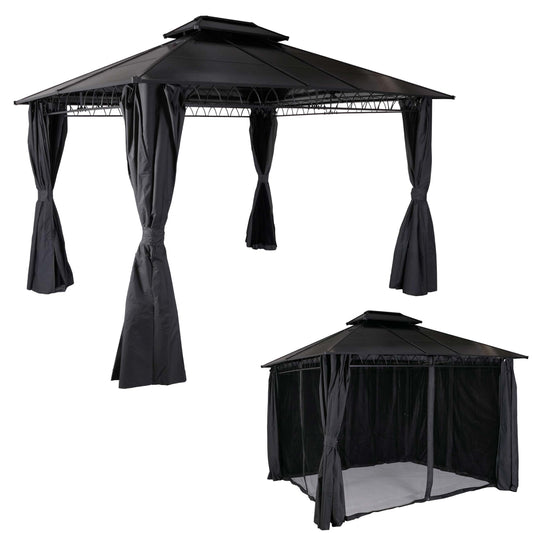 Hardtop pergola MCW-M81, paviljoen, aluminium dakstutten 7cm stalen frame met zijwand en muggengaas 3,6x3m ~ grijs