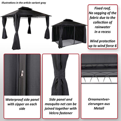 Hardtop pergola MCW-M81, paviljoen, aluminium dakstutten 7cm stalen frame met zijwand en muggengaas 3,6x3m ~ crème