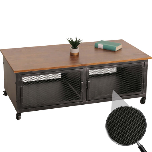 Salontafel MCW-N28, sofatafel, wielen 2 vakken, 3D structuur industrieel retro metaal hout 45x120x60cm ~ zwart, bruin