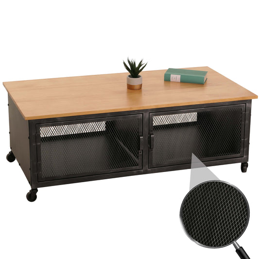 Salontafel MCW-N28, sofatafel, wielen 2 vakken, 3D structuur industrieel retro metaal hout 45x120x60cm ~ zwart, naturel