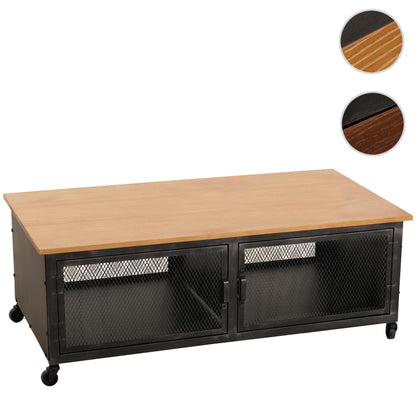 Salontafel MCW-N28, sofatafel, wielen 2 vakken, 3D structuur industrieel retro metaal hout 45x120x60cm ~ zwart, naturel