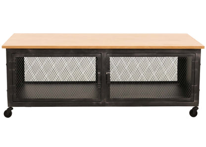 Salontafel MCW-N28, sofatafel, wielen 2 vakken, 3D structuur industrieel retro metaal hout 45x120x60cm ~ zwart, naturel