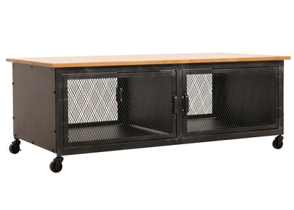 Salontafel MCW-N28, sofatafel, wielen 2 vakken, 3D structuur industrieel retro metaal hout 45x120x60cm ~ zwart, naturel