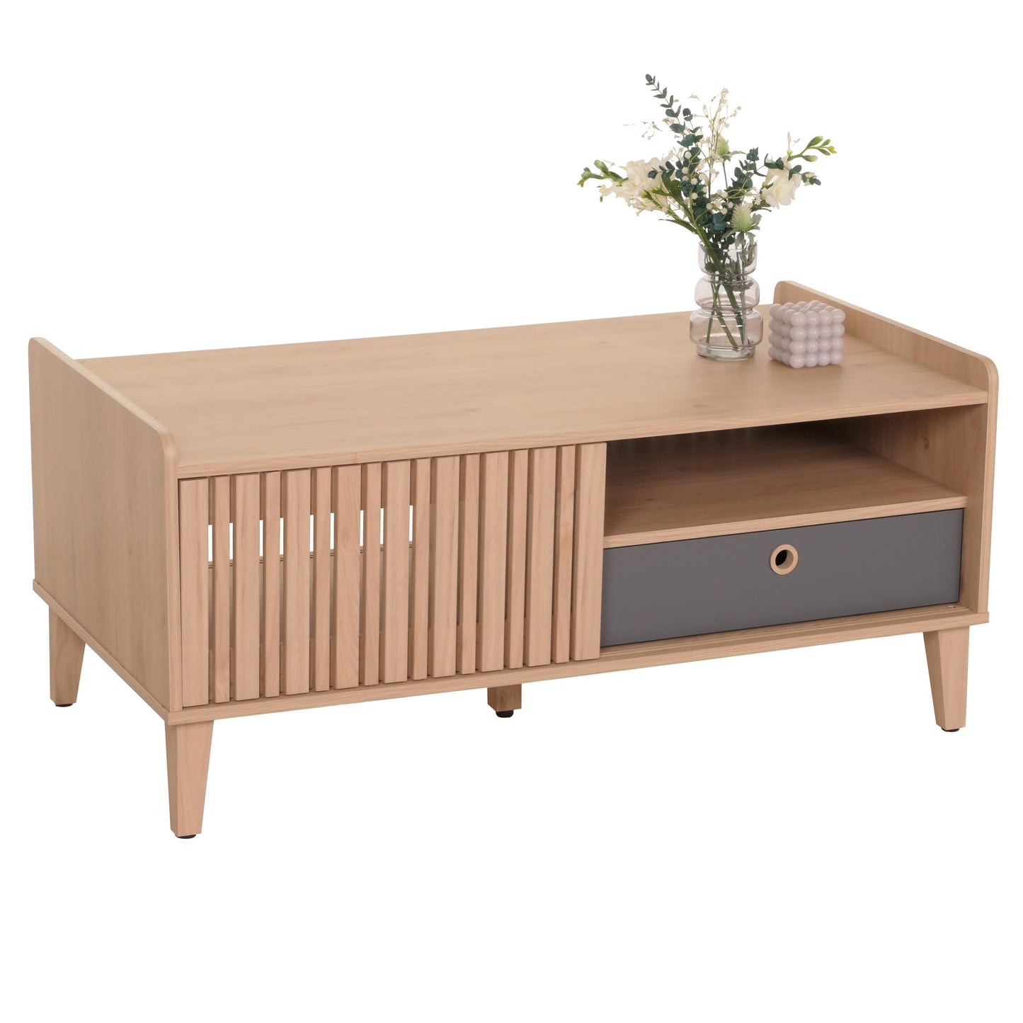 Salontafel MCW-M48, salontafel sofatafel, mango massief hout 52x114x59cm ~ beige, lade grijs
