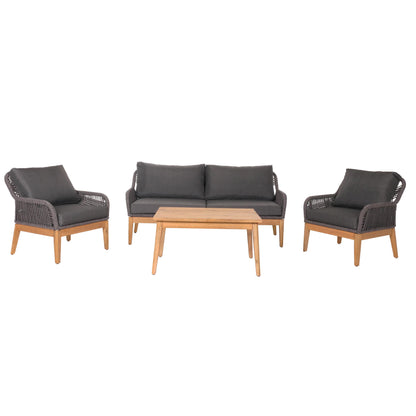 Tuinset MCW-H56b, loungeset tuin loungebank fauteuil tafel, rope wicker Touwhout acacia ~ donkergrijs