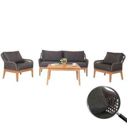Tuinset MCW-H56b, loungeset tuin loungebank fauteuil tafel, rope wicker Touwhout acacia ~ donkergrijs