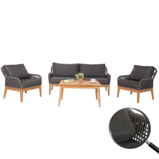 Tuinset MCW-H56b, loungeset tuin loungebank fauteuil tafel, rope wicker Touwhout acacia ~ donkergrijs