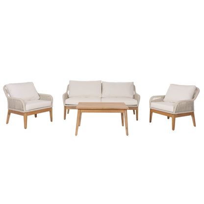 Tuinset MCW-H56b, loungeset tuin loungebank fauteuil tafel, touw vlechtwerk Touwhout acacia ~ crème