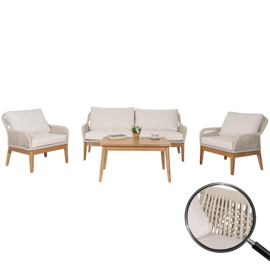 Tuinset MCW-H56b, loungeset tuin loungebank fauteuil tafel, touw vlechtwerk Touwhout acacia ~ crème