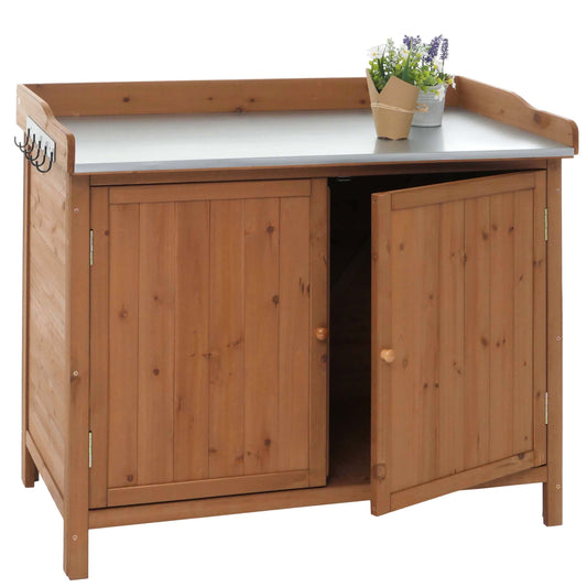 Tuinkast met werkblad MCW-L69, planttafel, outdoor sparrenhout MVG-gecertificeerd 86x104x52cm ~ bruin