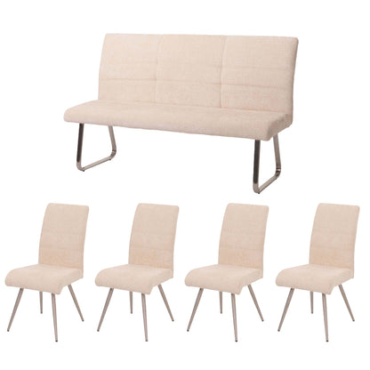 Eetkamerset MCW-G55, set van 4 stoelen + bank 160cm, geborsteld roestvrij staal stof/textiel chenille ~ crème