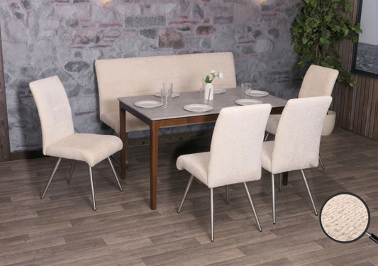 Eetkamerset MCW-G55, set van 4 stoelen + bank 160cm, geborsteld roestvrij staal stof/textiel chenille ~ crème