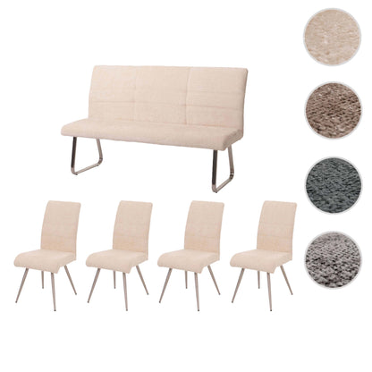 Eetkamerset MCW-G55, set van 4 stoelen + bank 160cm, geborsteld roestvrij staal stof/textiel chenille ~ crème