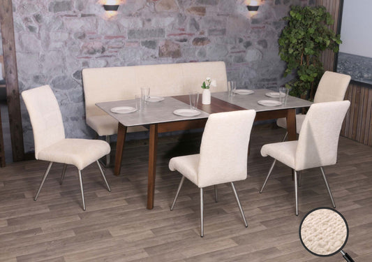 Eetkamerset MCW-G55, set van 4 stoelen + bank 180cm, geborsteld roestvrij staal stof/textiel chenille ~ crème