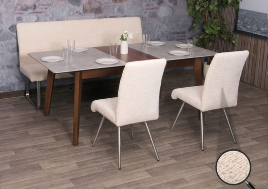 Eetkamerset MCW-G55, set van 2 stoelen + bank 180cm, geborsteld roestvrij staal stof/textiel chenille ~ crème