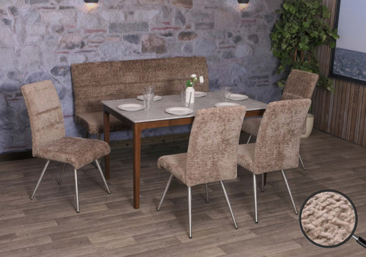 Eetkamerset MCW-G55, set van 4 stoelen + bank 160cm, geborsteld roestvrij staal stof/textiel chenille ~ bruin