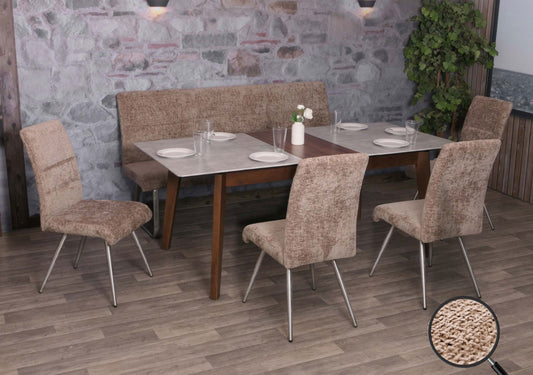 Eetkamerset MCW-G55, set van 4 stoelen + bank 180cm, geborsteld roestvrij staal stof/textiel chenille ~ bruin