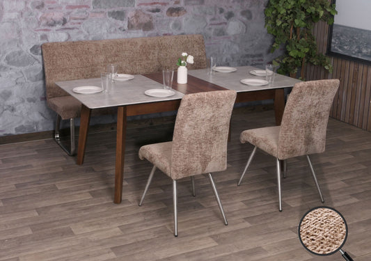 Eetkamerset MCW-G55, set van 2 stoelen + bank 180cm, geborsteld roestvrij staal stof/textiel chenille ~ bruin