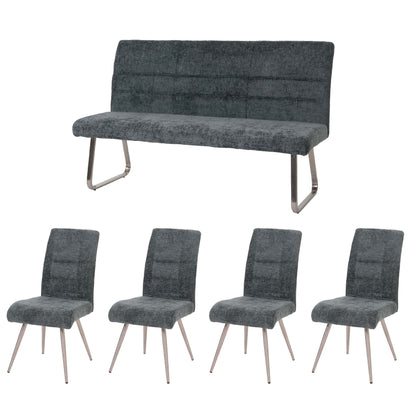Eetkamerset MCW-G55, set van 4 stoelen + bank 160cm, geborsteld roestvrij staal stof/textiel chenille ~ blauwgroen