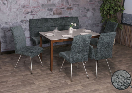 Eetkamerset MCW-G55, set van 4 stoelen + bank 160cm, geborsteld roestvrij staal stof/textiel chenille ~ blauwgroen