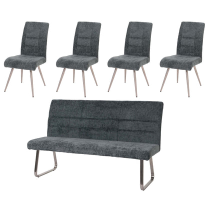 Eetkamerset MCW-G55, set van 4 stoelen + bank 180cm, geborsteld roestvrij staal stof/textiel chenille ~ blauwgroen