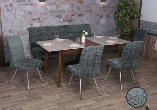 Eetkamerset MCW-G55, set van 4 stoelen + bank 180cm, geborsteld roestvrij staal stof/textiel chenille ~ blauwgroen