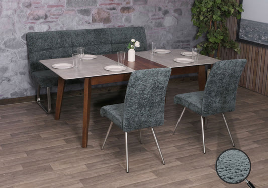 Eetkamerset MCW-G55, set van 2 stoelen + bank 180cm, geborsteld roestvrij staal stof/textiel chenille ~ blauwgroen