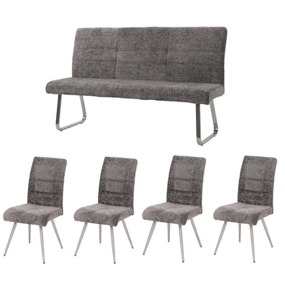 Eetkamerset MCW-G55, set van 4 stoelen + bank 160cm, geborsteld roestvrij staal stof/textiel chenille ~ donkergrijs