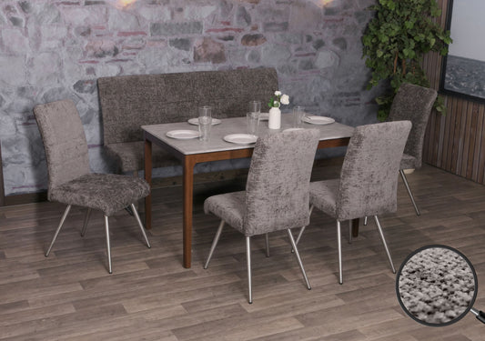 Eetkamerset MCW-G55, set van 4 stoelen + bank 160cm, geborsteld roestvrij staal stof/textiel chenille ~ donkergrijs