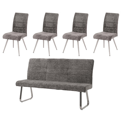 Eetkamerset MCW-G55, set van 4 stoelen + bank 180cm, geborsteld roestvrij staal stof/textiel chenille ~ donkergrijs