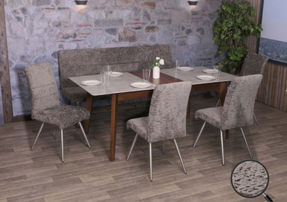 Eetkamerset MCW-G55, set van 4 stoelen + bank 180cm, geborsteld roestvrij staal stof/textiel chenille ~ donkergrijs