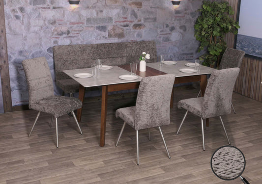 Eetkamerset MCW-G55, set van 4 stoelen + bank 180cm, geborsteld roestvrij staal stof/textiel chenille ~ donkergrijs