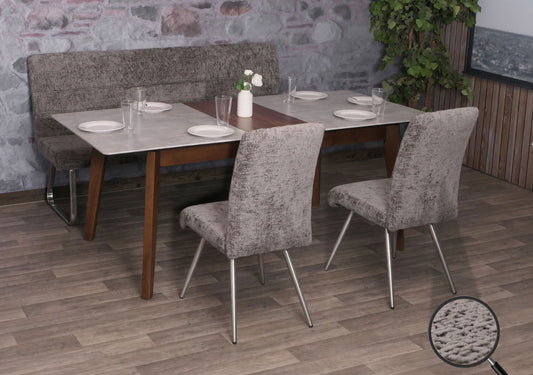 Eetkamerset MCW-G55, set van 2 stoelen + bank 180cm, geborsteld roestvrij staal stof/textiel chenille ~ donkergrijs