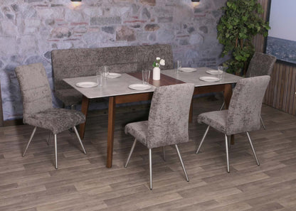 Eetkamerset MCW-G55, set van 4 stoelen + bank 180cm, geborsteld roestvrij staal stof/textiel chenille ~ donkergrijs